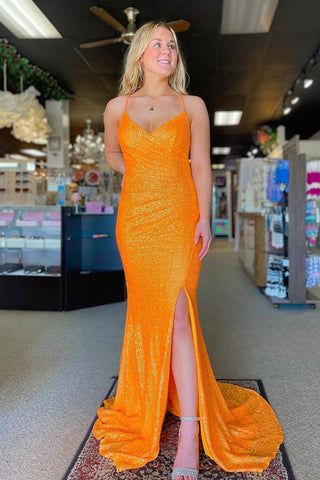 Mermaid V Neck Orange Sequins Long Prom Dress AB4022303