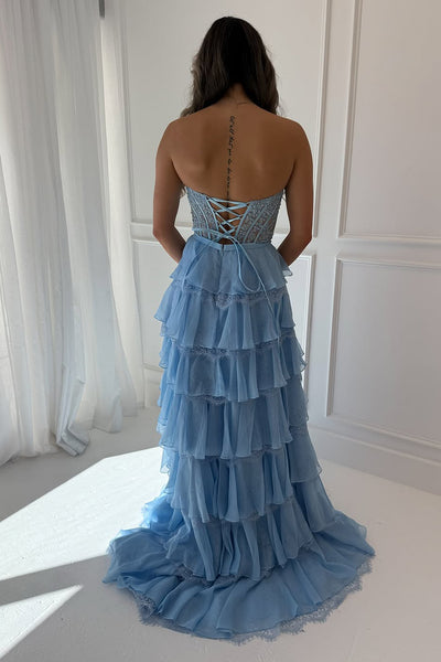 New Arrival A Line Sweetheart Light Blue Chiffon Tiered Prom Dress with Lace AB25110205