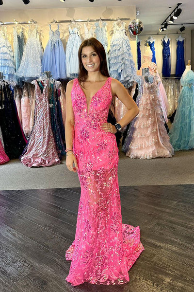 Sparkly Mermaid V Neck Pink Sequins Lace Long Prom Dresses AB090402