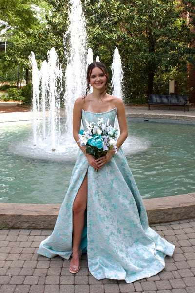 Cute A Line Scoop Neck Jacquard Satin Prom Dress with Slit AB26042101