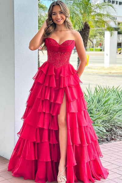 Gorgeous A Line Sweetheart Red Chiffon Tiered Prom Dress with Appliques AB25120401
