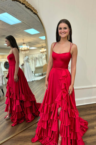 A-Line Scoop Neck Red Ruffle Satin Long Prom Dresses with Slit AB4030601