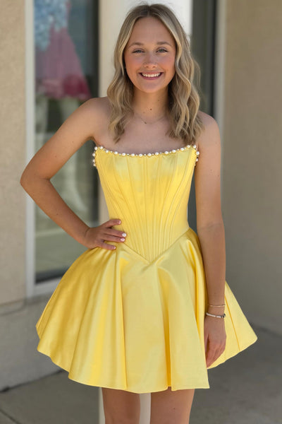 A Line Strapless Yellow Satin Homecoming Dress with Pearls AB26072014