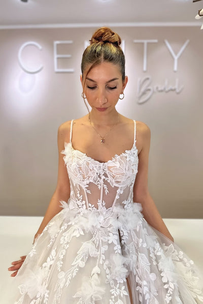 Bohomian A Line V Neck Tulle Wedding Dress with Appliques AB25120408