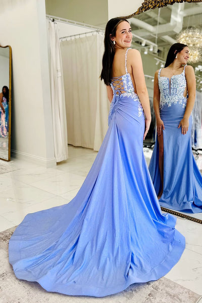 Charming Mermaid V Neck Purple Satin Long Prom Dresses with Appliques AB25050210