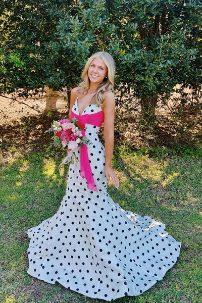 Cute Mermaid V Neck White Black Dot Satin Prom Dress AB26033011