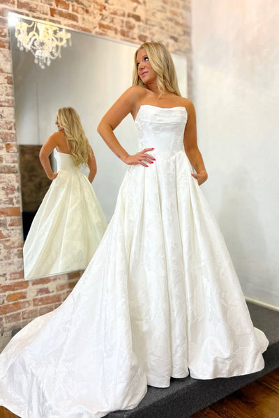 Elegant A Line Scoop Neck Jacquard Satin Wedding Dress with Pockets AB26012911