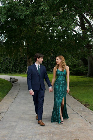 Cute Mermaid Scoop Neck Dark Green Sequins Prom Dress with Slit AB25010309