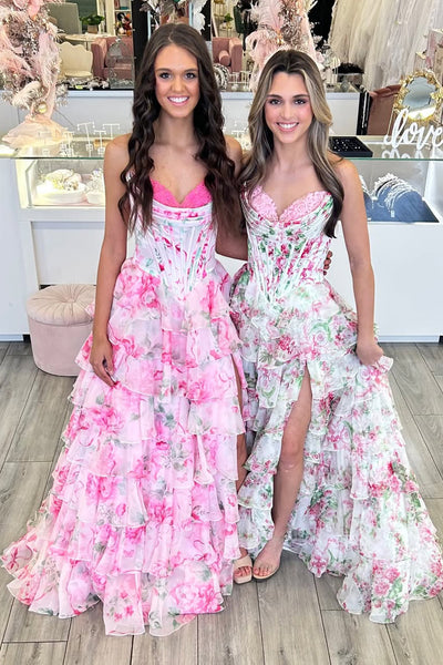 Cute A Line Sweetheart Pink Floral Long Prom Dress AB26012504