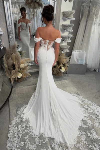 Elegant Mermaid Off the Shoulder Elastic Satin Wedding Dress with Lace AB26052403