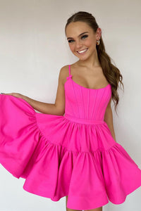 Cute A Line Scoop Neck Hot Pink Satin Short Homecoming Dresses AB082401