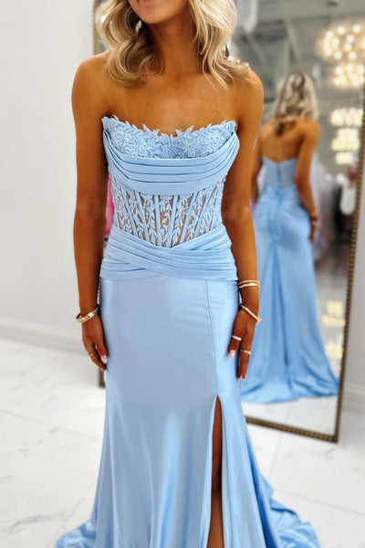 Mermaid Scoop Neck Light Blue Satin Long Prom Dress with Slit AB26020909