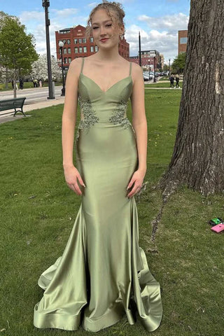 Charming Mermaid V Neck Sage Green Satin Prom Dress with Applqiues AB25010701