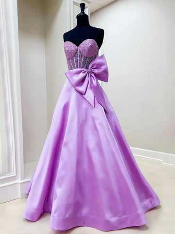 Gorgeous A Line Sweetheart Purple Satin Prom Dress with Beading AB25101510