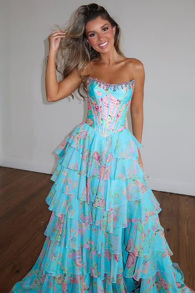 New Arrival A Line Scoop Neck Floral Chiffon Prom Dress with Beading AB16122803