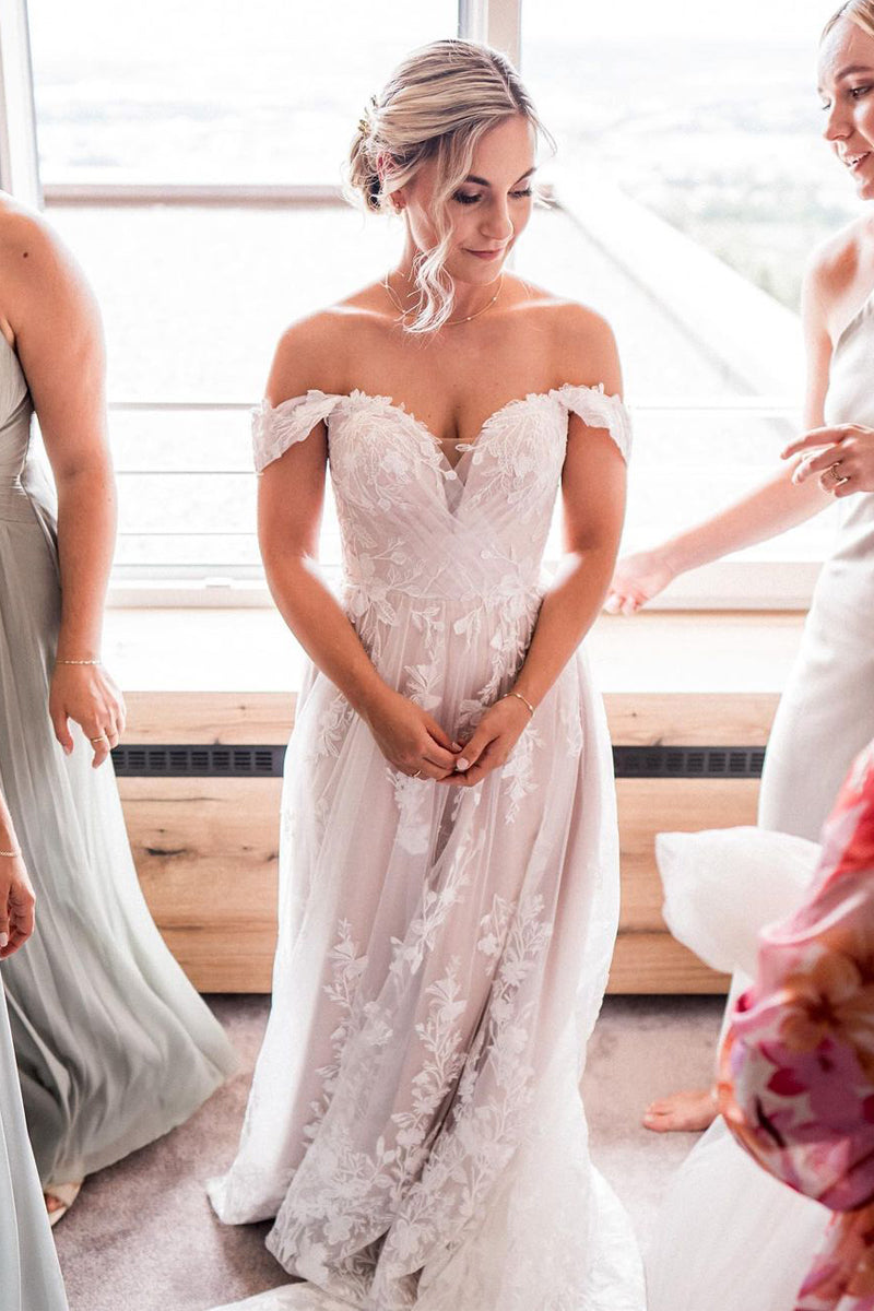 Fairy A Line Off the Shoulder Tulle Long Wedding Dresses with Appliques AB082208
