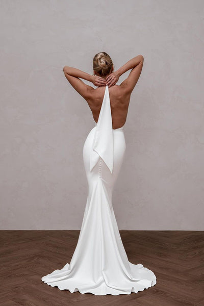 Elegant Mermaid Deep V Neck Elastic Satin Long Wedding Dress AB4060802