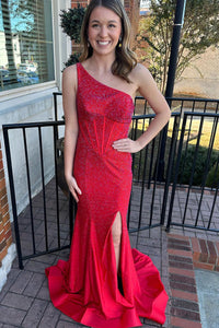 Charming Mermaid One Shoulder Red Beading Satin Long Prom Dresses with Slit AB110903