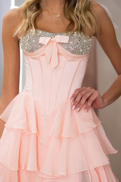 A Line Strapless Pink Chiffon Ruffle Tiered Prom Dress with Slit AB021507