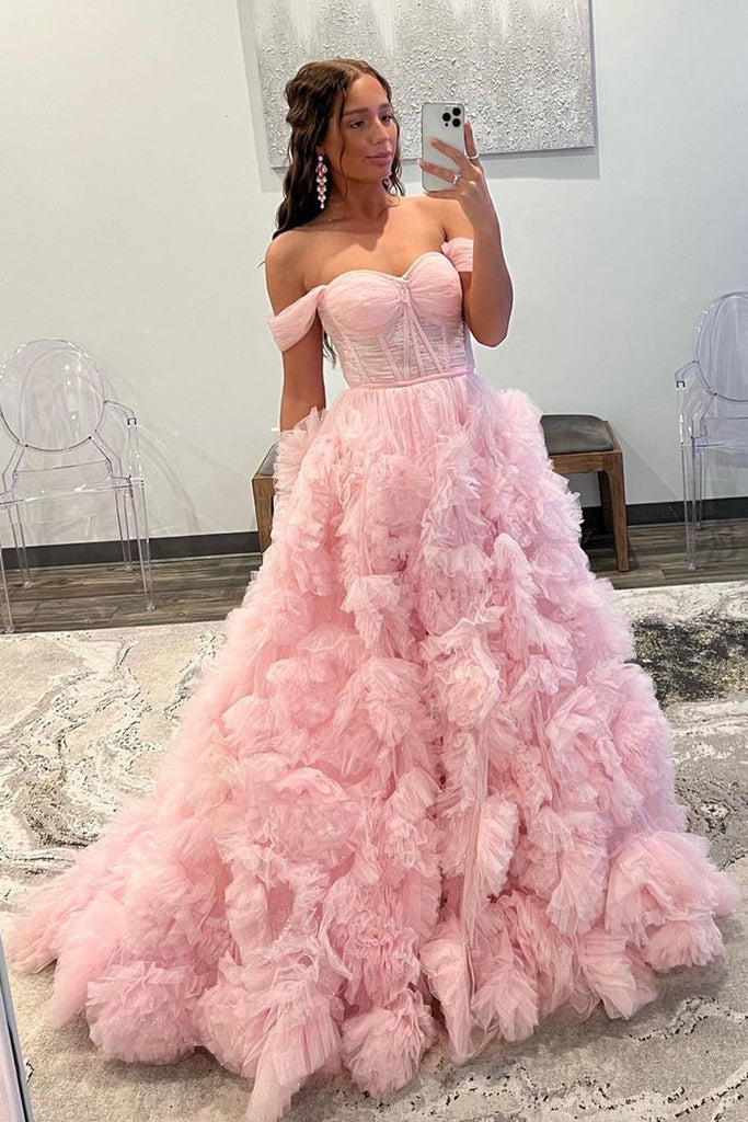 Gorgeous Ball Gown Off the Shoulder Pink Tulle Prom Dresses with Slit AB082407 Anniebride Gorgeous Ball Gown Off the Shoulder Pink Tulle Prom Dresses with Slit AB082407 Anniebride