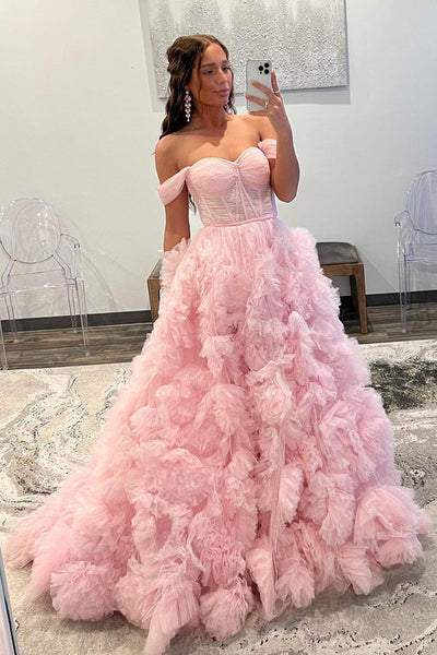 Gorgeous Ball Gown Off the Shoulder Pink Tulle Prom Dresses with Slit AB082407
