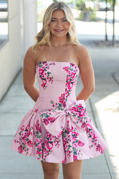 A Line Strapless Floral Satin Short Homecoming Dress AB26071602