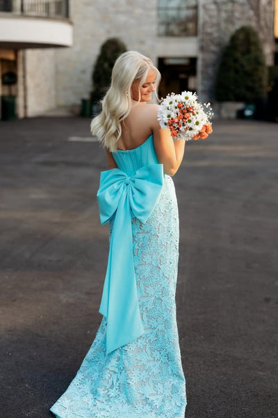 Stuinning Mermaid Strapless Aqua Lace Long Prom Dress with Bow AB26042108