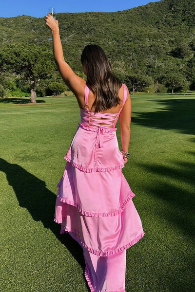 Hot Pink Ruffles Slit Dress with Lace-up Back