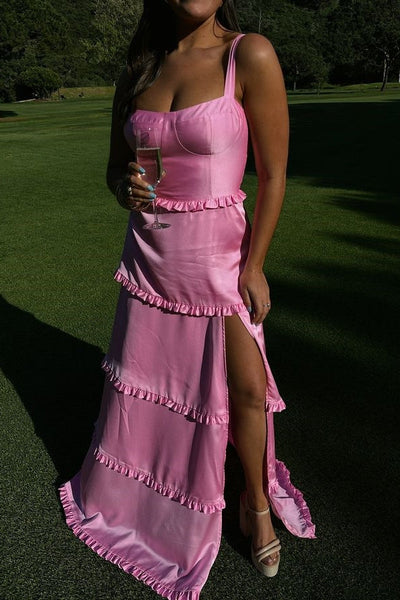 Hot Pink Ruffles Slit Dress with Lace-up Back