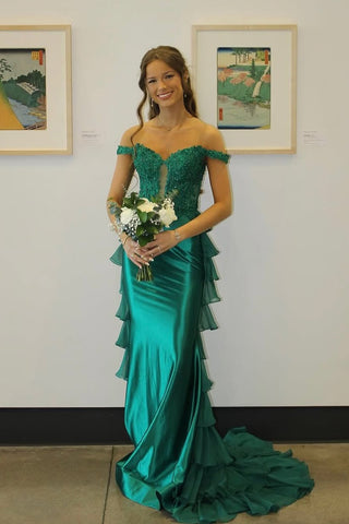 Cute Mermaid Off the Shoulder Green Satin Long Prom Dress with Ruffled Train AB25050211