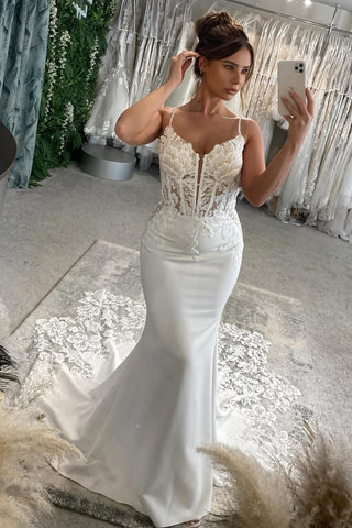 Charming Mermaid V Neck Satin Wedding Dress with Appliques AB05060802