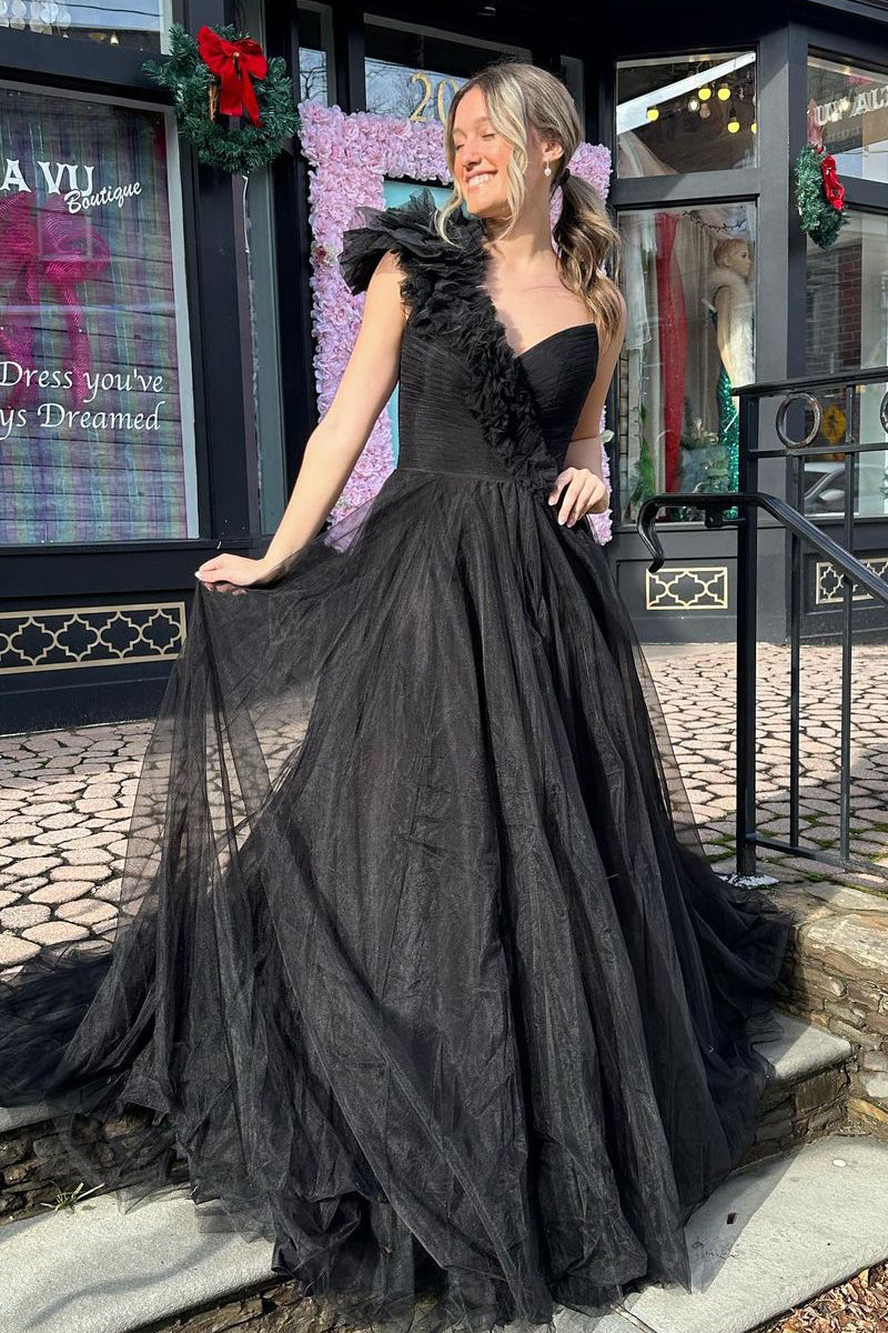 Cute Ball Gown One Shoulder Black Tulle Long Prom Dress AB4010103