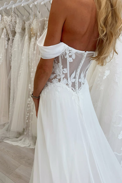 Bohemian A Line Off the Shoulder Chiffon Beach Long Wedding Dress with Appliques AB25101008
