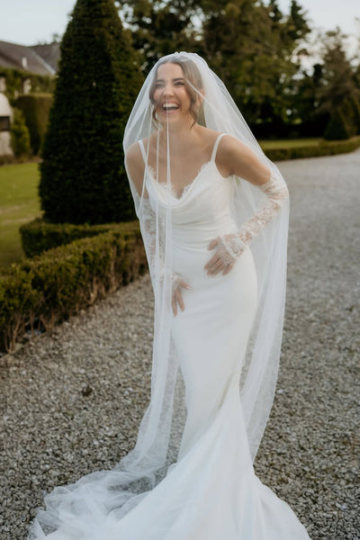 Mermaid Cowl Neck Elastic Satin Wedding Dress with Appliques AB25092302