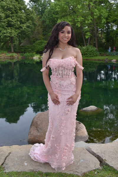 Mermaid Off the Shoulder Blush Pink Lace Long Prom Dress AB26070516