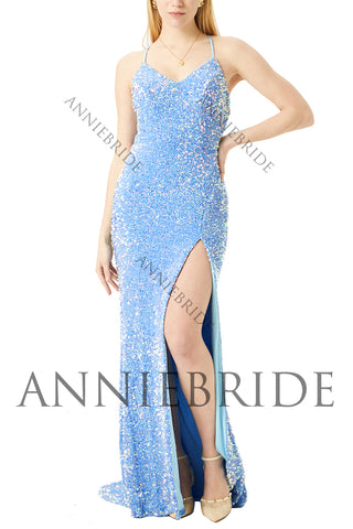 Cute Mermaid V Neck Light Blue Velvet Sequins Prom Dresses with Slit AB061828