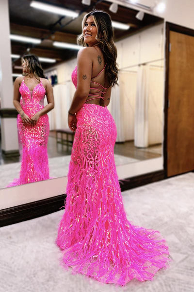 Gorgeous Mermaid V Neck Hot Pink Sequins Lace Long Prom Dress with Feather AB4021004