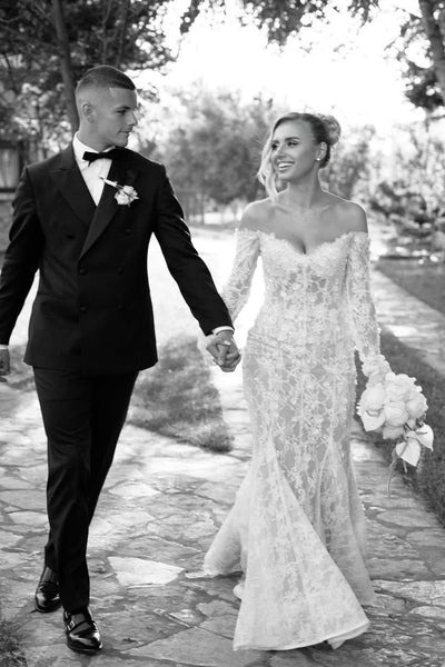 Boho Mermaid Off the Shoulder White Lace Long Wedding Dress AB26101607