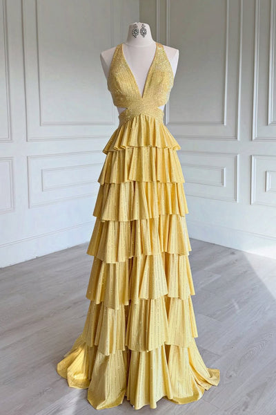 Gorgeous A Line V Neck Yellow Hot-fix Rhinestones Prom Dress with Slit AB26041701
