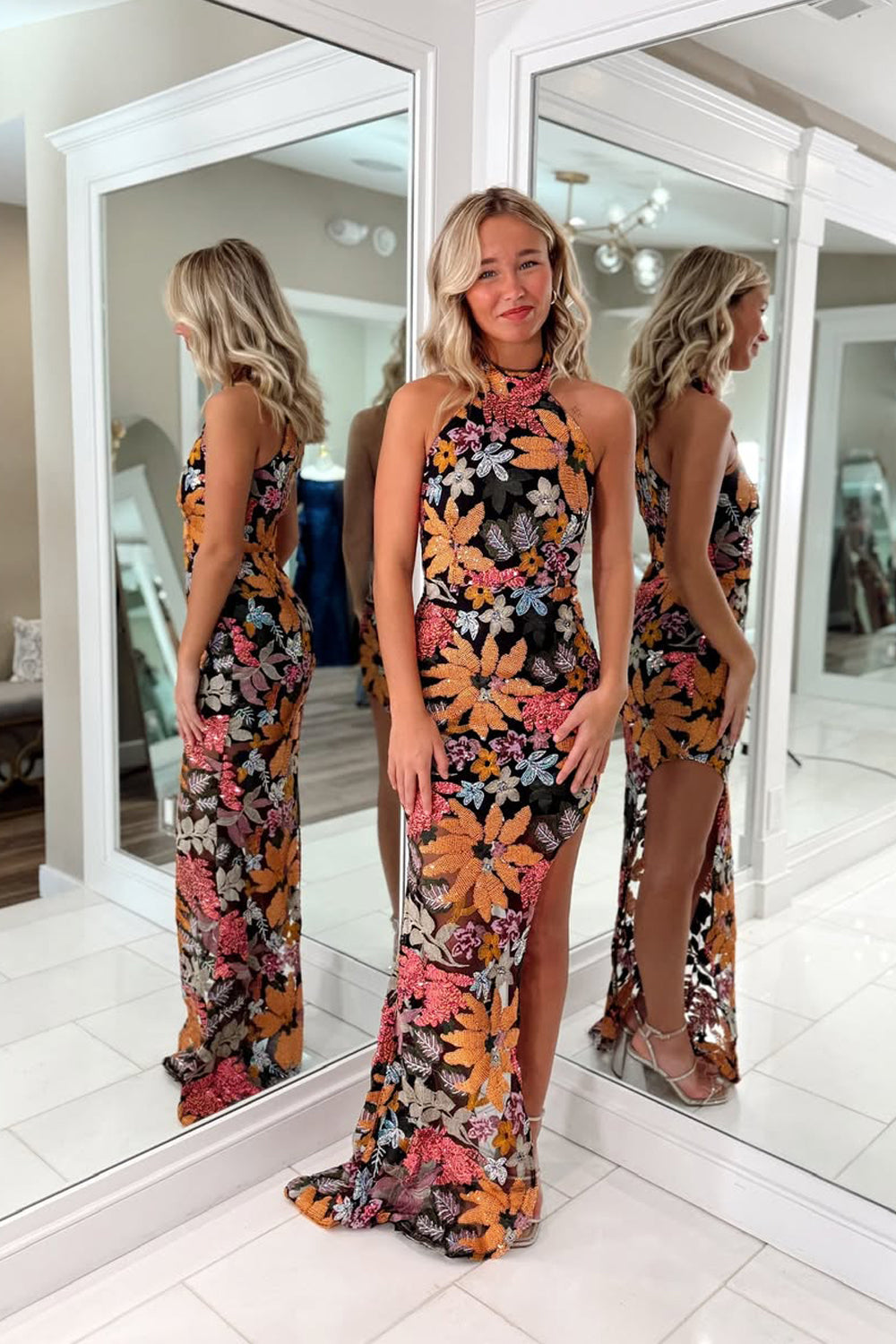 Cute Mermaid Halter Lace Sequins Long Prom Dress with Slit AB25102608