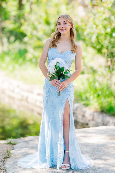 Mermaid Sweetheart Light Blue Lace Long Prom Dress with Slit AB26060109