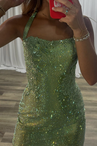Sparkly Tight Scoop Neck Sage Green Hot Fix Satin Homecoming Dress AB26070505