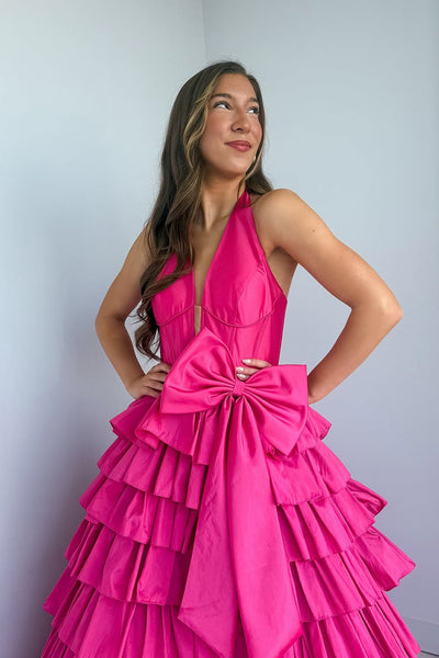 Ball Gown Halter Fuchsia Satin Ruffle Tiered Long Prom Dresses with Bowknot AB25032904