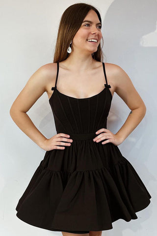 Cute A Line Scoop Neck Black Satin Short Homecoming Dresses with Lace-up AB100302
