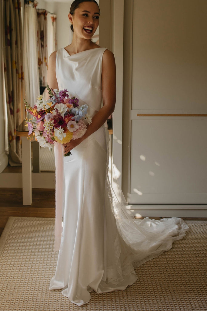 Romantic Sheath Cowl Neck Silk Satin Beach Wedding Dresses AB24102209 Anniebride Romantic Sheath Cowl Neck Silk Satin Beach Wedding Dresses AB24102209 Anniebride