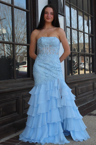 Cute Mermaid Sweetheart Light Blue Chiffon Tiered Prom Dress with Slit AB26030506