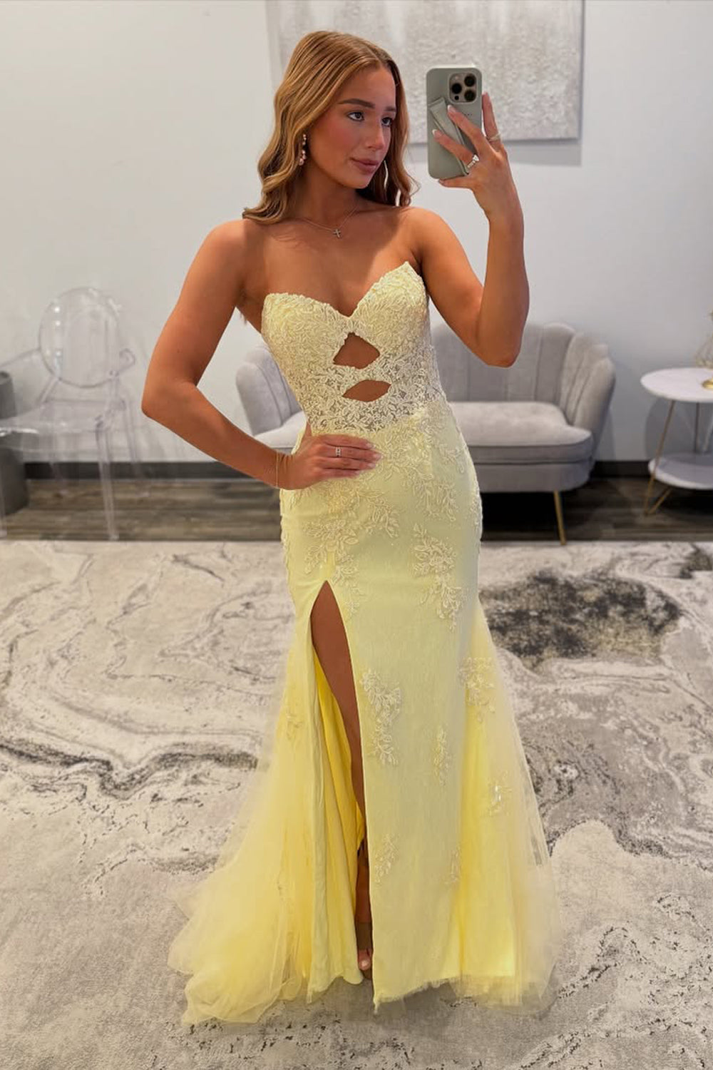Chamring Mermaid Sweetheart Keyhole Daffodil Lace Prom Dress with Slit AB25102904