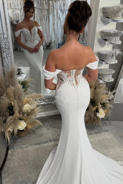 Elegant Mermaid Off the Shoulder Elastic Satin Wedding Dress with Lace AB26012912