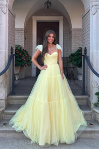 Cute A Line Sweetheart Daffodial Dot Tulle Tiered Long Prom Dress AB25093006