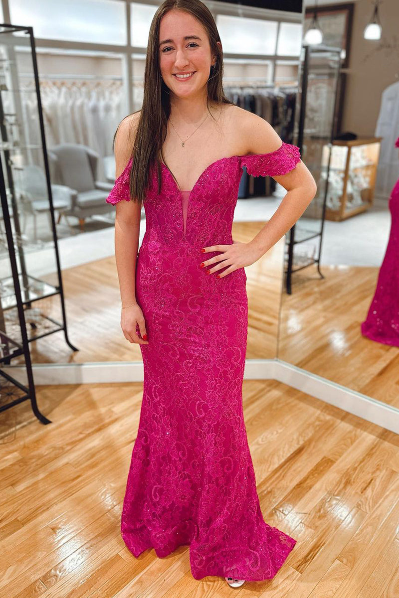 Charming Mermaid Off the Shoulder Fuchsia Lace Prom Dresses AB122604